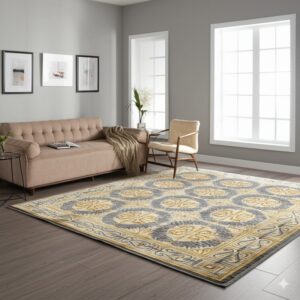 Gold and gray patterned rug featuring circular motifs grounding a living room with a beige sofa.