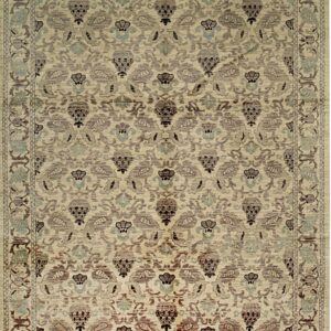 Traditional rug with a beige field and repeating floral pattern in brown, blue, and mauve tones.