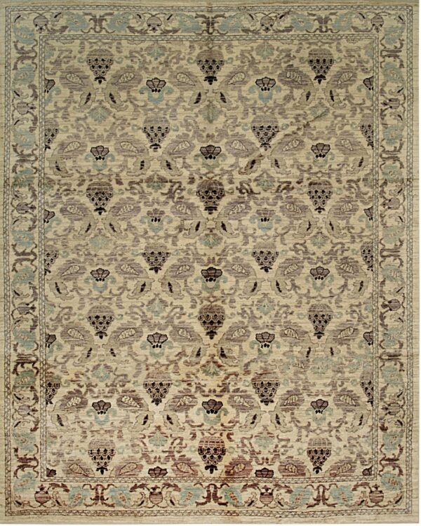 Traditional rug with a beige field and repeating floral pattern in brown, blue, and mauve tones.