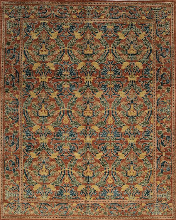 Traditional red area rug with an intricate pattern of yellow, blue, and green floral elements.