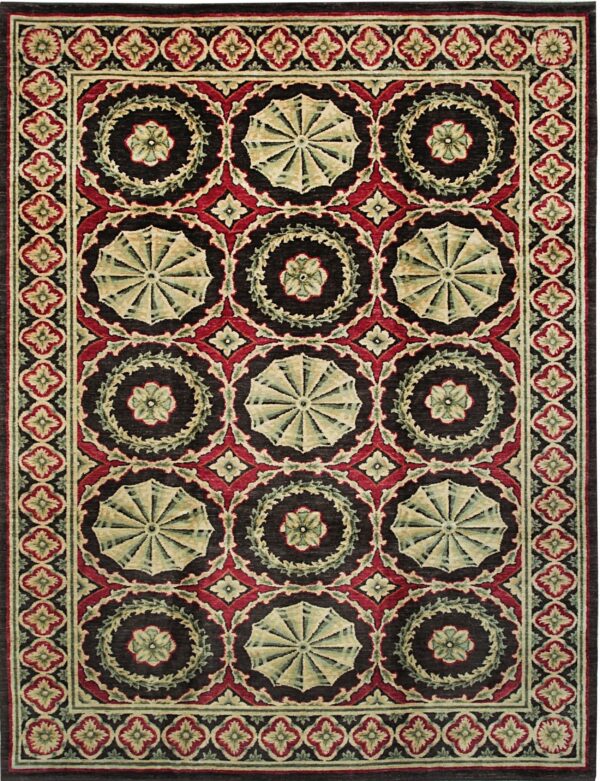 A richly patterned rug featuring dark brown, red, and green medallions and floral motifs in repeating rows.