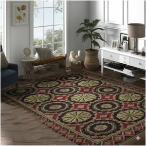 Geometric rug with dark brown, red, and olive green medallions anchors a bright living room on wood flooring.