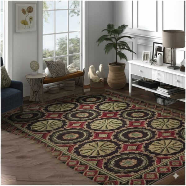 Geometric rug with dark brown, red, and olive green medallions anchors a bright living room on wood flooring.