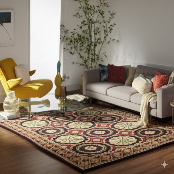Geometric red, purple, and tan medallion rug defines a modern living room with a gray sofa and yellow chair.