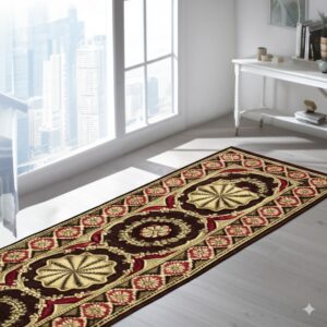 A dark brown, red, and beige traditional patterned runner is placed on light gray flooring next to a large window.