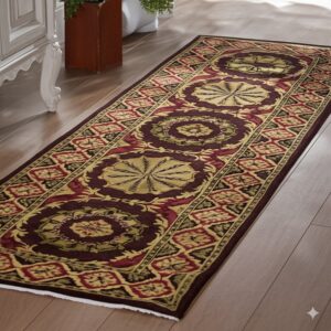 Burgundy and gold traditional runner rug lies on wood flooring next to a white carved cabinet.