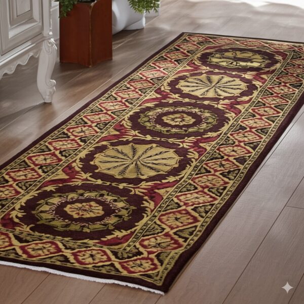 Burgundy and gold traditional runner rug lies on wood flooring next to a white carved cabinet.