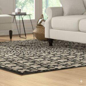 Low-pile black and beige patterned rug in a bright room with white furniture and wood floors.