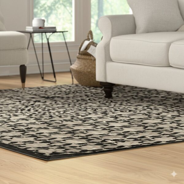 Low-pile black and beige patterned rug in a bright room with white furniture and wood floors.
