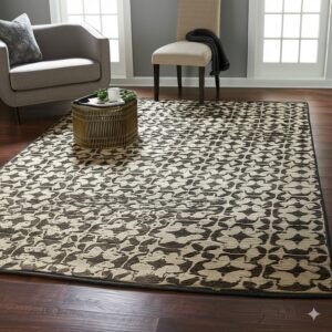 A brown and beige rug with an abstract pattern is placed under a gold table and gray seating.
