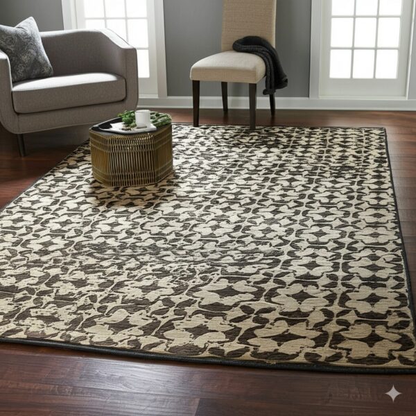 A brown and beige rug with an abstract pattern is placed under a gold table and gray seating.