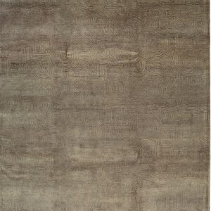 A tonal brown-taupe area rug displays an intricate geometric pattern of concentric circles and squares.