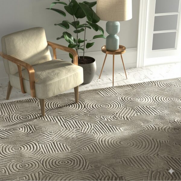 Taupe rug with concentric circle and geometric texture anchors a reading corner with a beige armchair.