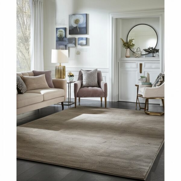Beige rug featuring a subtle textured concentric circle pattern rests on dark flooring in a modern living room.