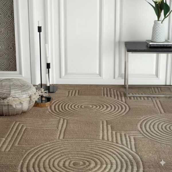 A textured tan rug featuring concentric circle and straight line patterns in a white paneled room.