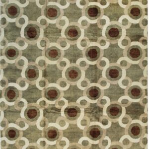 Green rug featuring a repeating pattern of brown, taupe, and cream interlocking geometric circles.
