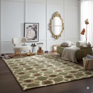 Sage green geometric rug with circles in brown and beige lays on dark wood flooring.