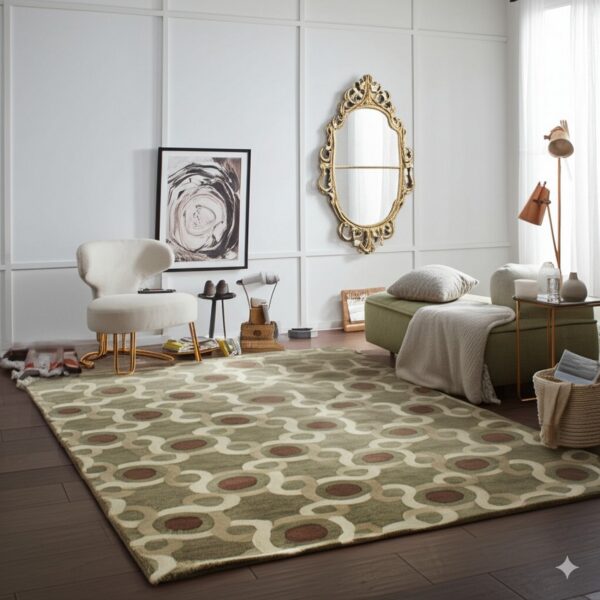 Sage green geometric rug with circles in brown and beige lays on dark wood flooring.