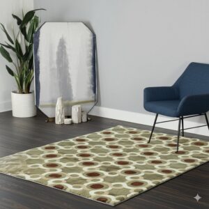 Geometric rug with interlocking green, cream, and brown circles rests on a dark wood floor near a blue chair.