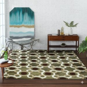 Olive green rug with retro brown, tan, and cream geometric linked circles on dark wood floors.