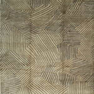 Beige rug featuring a dense, abstract geometric pattern of intersecting dark brown striped segments.
