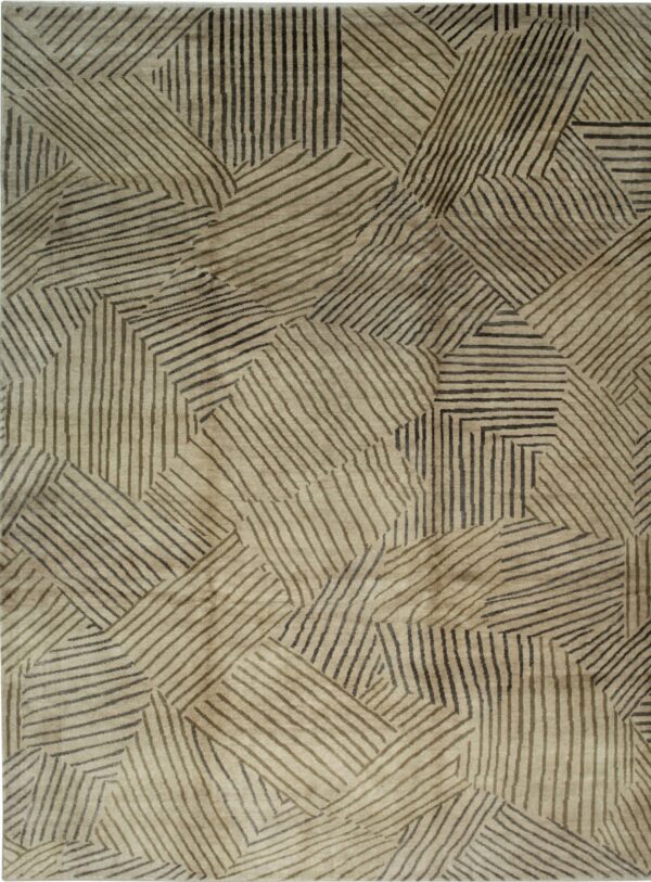 Beige rug featuring a dense, abstract geometric pattern of intersecting dark brown striped segments.