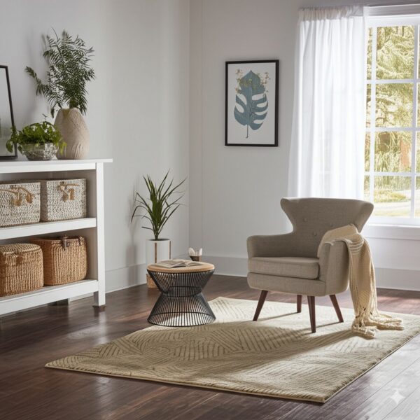 Light tan rug with a linear geometric pattern placed beneath an armchair on dark wood flooring.