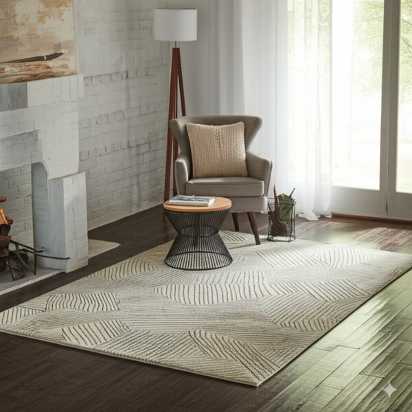 Light-colored geometric rug on dark hardwood floors anchors a sitting area with a gray chair and white brick.