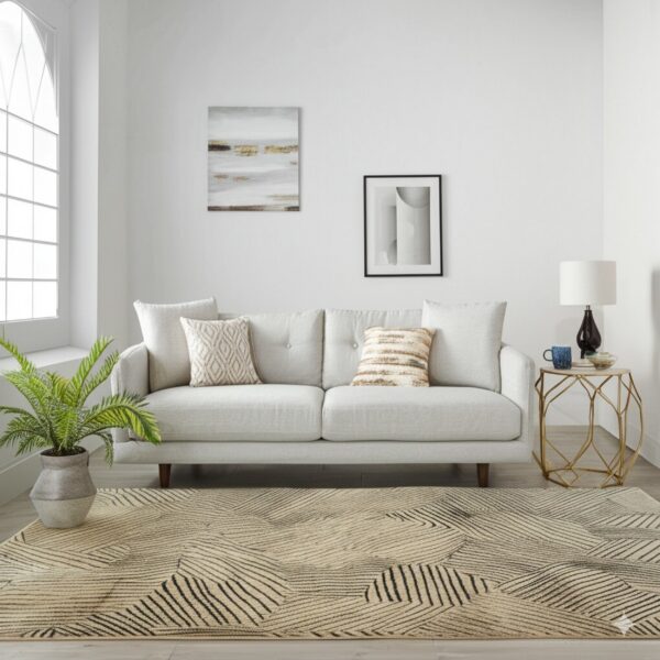 Beige rug with a dense abstract pattern of black lines anchors a light-colored sofa and white living room.