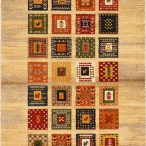Textured beige rug featuring a central pattern of 24 squares filled with colorful folk-art motifs.