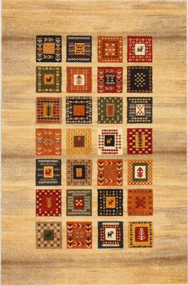 Textured beige rug featuring a central pattern of 24 squares filled with colorful folk-art motifs.