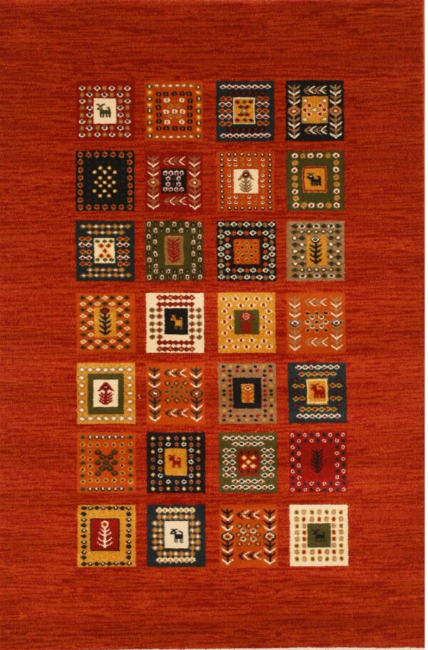 Rust-colored rug featuring twenty square tribal medallions with animals and geometric designs.