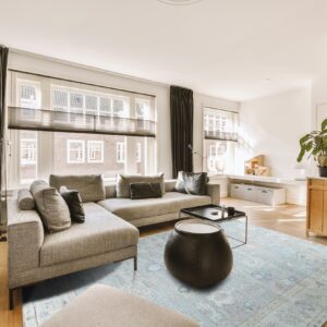 Light blue patterned rug under a gray sectional sofa in a sunlit modern living room with wood floors.