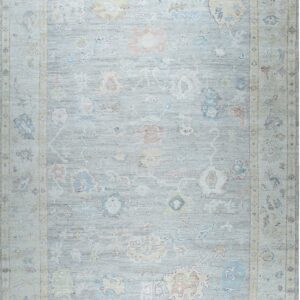 Light gray rug with a washed-out traditional pattern border and pastel blue, yellow, and coral designs.