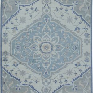 Muted light blue and cream traditional rug with a central geometric medallion and floral border details.