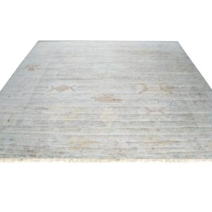 Silver and gray rug featuring a ribbed low-pile surface texture and faint beige ornamental patterns.