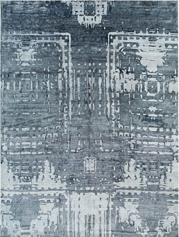 Abstract rug pattern in deep blue and pale gray featuring distressed geometric and architectural motifs.