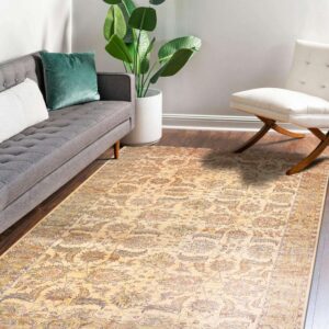 Traditional beige and multicolored floral rug on dark wood floors in a room with a gray sofa.