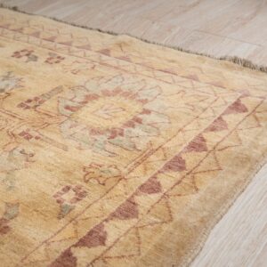Tan patterned rug featuring reddish-brown geometric borders and subtle motifs rests on light wood flooring.