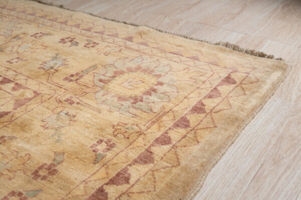 Tan patterned rug featuring reddish-brown geometric borders and subtle motifs rests on light wood flooring.