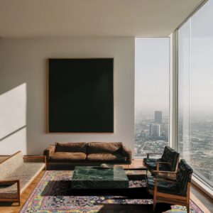 A richly patterned blue, red, and yellow rug anchors a high-rise room with brown leather seating.