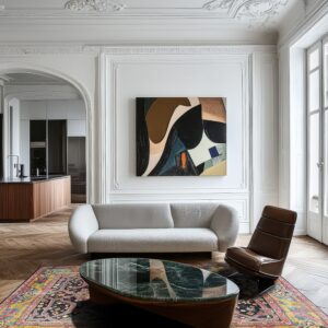 Ornate low pile rug in navy, red, and gold beneath a marble table and white sofa on wood floors.