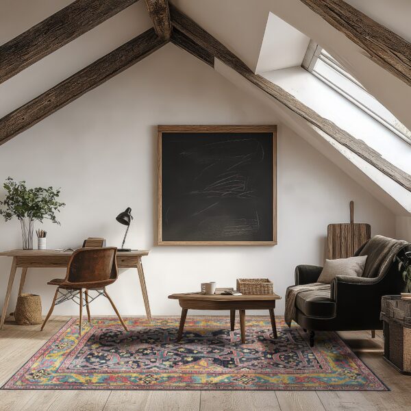 A distressed navy rug with ornate teal and pink patterns lies beneath a wooden desk in a rustic attic.