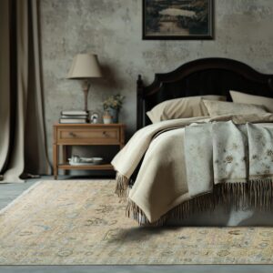 Traditional beige and muted blue rug under a dark wooden bed in a softly lit, textured room.