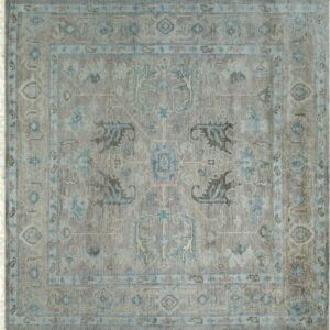 Medium-pile square rug with traditional patterns in taupe, light blue, and dark brown.
