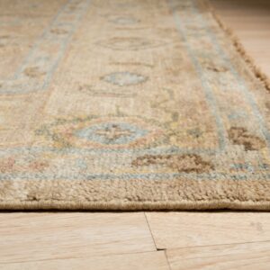 Textured beige rug border with blue and brown traditional designs sits on light wood floor.