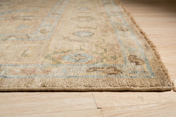 Textured beige rug border with blue and brown traditional designs sits on light wood floor.