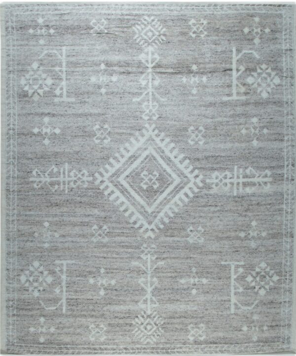 Gray rug with an overall striated texture and white geometric and tribal designs.