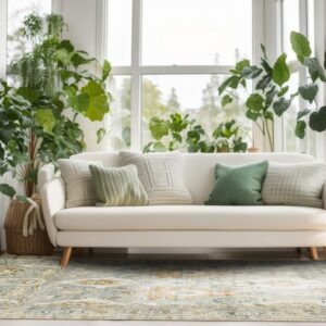 Light blue and tan traditional rug anchors a white sofa surrounded by bright windows and lush green plants.