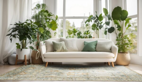 Light blue and tan traditional rug anchors a white sofa surrounded by bright windows and lush green plants.